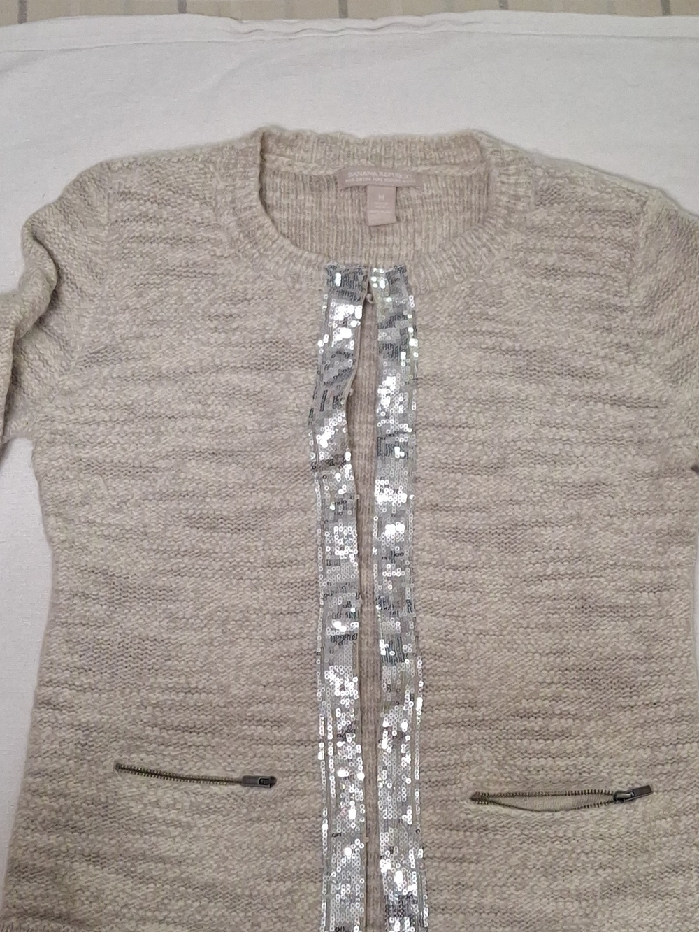 Banana Republic Cream Knit Cardigan with Silver Sequin Trim